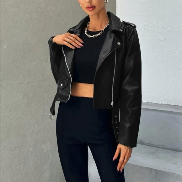 Black Zip Up Belted PU faux Leather Moto Jacket - Picture 4 of 5